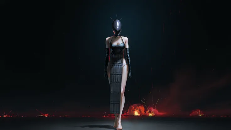 elbow gloves, apron,shar teeth,bomb devil, thin white panties, ((barefoot)), masterpiece, best quality, very aesthetic, absurdres, masterpiece, exquisite quality, highest quality, masterpiece, highest quality, Beautiful woman, whole body, full body shot, v...