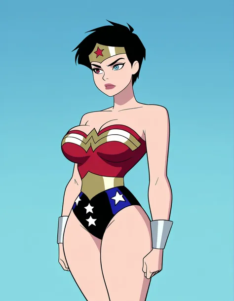 dcaustyle,{{masterpiece, ultra-high quality, professionally detailed, professionally shaded,best quality, amazing quality}} single person, 1girl,short hair, black hair, absolutely huge breasts, absolutely thick thighs, absolutely wide hips, slim waist, tom...