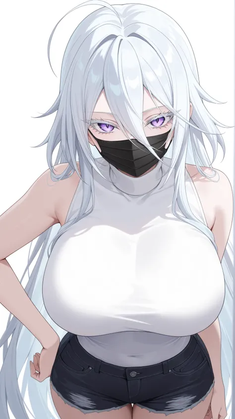 1girl, solo, anime girl, elegant, sovetsky_soyuz, masterpiece, very aesthetic, white hair, extremely long hair, very long hair between eyes, purple eyes, sharp eye outlines, white eyelashes, long eyelashes, looking at viewer, big breasts, curvy body, black...