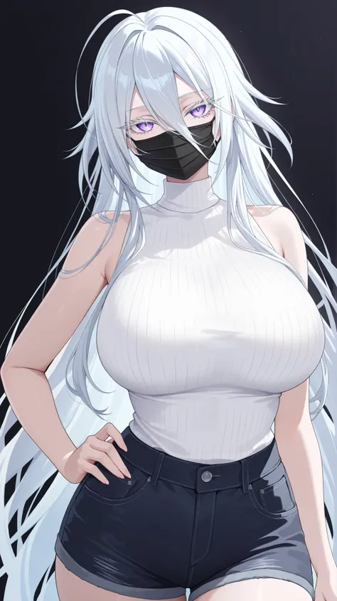 1girl, solo, anime girl, elegant, sovetsky_soyuz, masterpiece, very aesthetic, white hair, extremely long hair, very long hair between eyes, purple eyes, sharp eye outlines, white eyelashes, long eyelashes, looking at viewer, big breasts, curvy body, black...