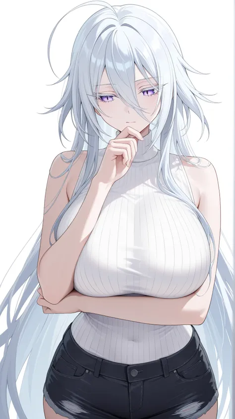 1girl, solo, anime girl, elegant, sovetsky_soyuz, masterpiece, very aesthetic, white hair, extremely long hair, very long hair between eyes, purple eyes, sharp eye outlines, white eyelashes, long eyelashes, big breasts, curvy body, white sleeveless turtlen...