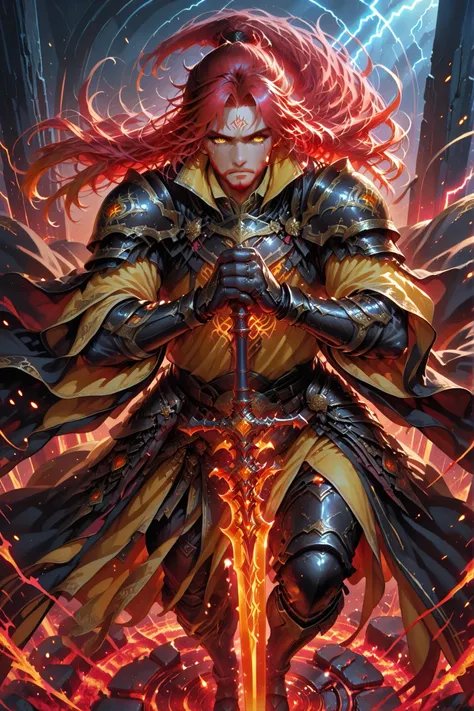 anime man,Full body shot from above, showing a powerful, middle-aged man standing on a storm-lit platform. His long crimson hair, streaked with bright yellow strands, whips through the wind, and a short beard defines his strong, weathered jaw. His amber ey...