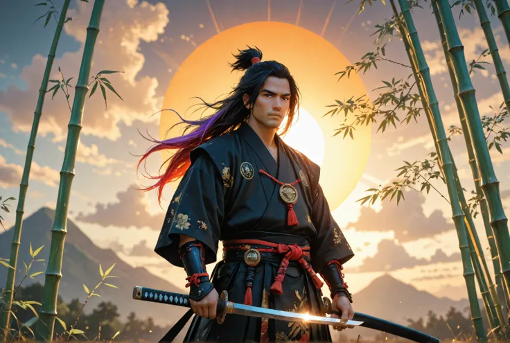zavy-ctcmcs,w1n,hyp3rd3tail style, a samurai in the bamboo grove at sunset, a masculine samurai, holds an epic katana blade, the blade reflects light, dynamic hair color, epic bamboo grove, many branches, colorful, the sun rays come between bamboo, ligh...