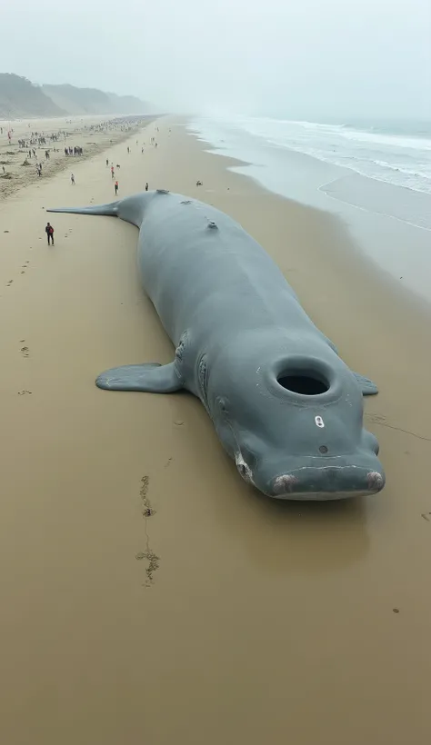 A high-angle, slightly surreal image shows a massive, smooth-skinned gray whale beached across a wide, tan shore, dominating the foreground in a hyperreal, uncanny style. It lies perpendicular to the coastline with its head tilted slightly toward the botto...