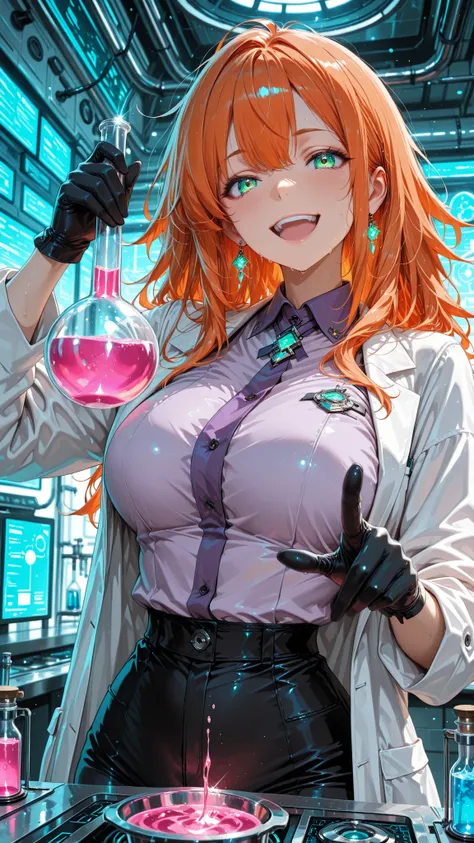 rich anime, (masterpiece:1.2), (best quality), ultra detailed, 8K, anime style, 1girl, beautiful female mad scientist, long orange hair, messy hair, green eyes, white lab coat over purple collared shirt, black pants, large breasts, flushed cheeks, sweat, b...