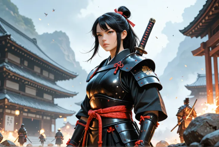 Movie Still,Film Still,Cinematic,Cinematic Shot,Cinematic Lighting,a picture of Japanese female samurai, she has long black hair, wearing samurai armor, armed with a katana, ready for battle, dynamic angle,, Japanese fantasy art, (Masterpiece: 1.5), 16k, h...