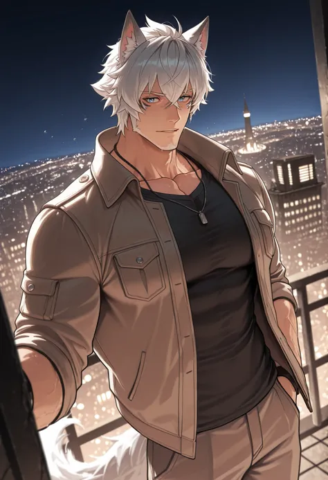 1 , alone)), similar to Komano Manato, wolf ears and tail, wearing a jacket, with a black shirt, looking at the city lights, in a city at night, city lights, looking the city lights, view from a good angle , water droplets in the air, high resolution, mast...