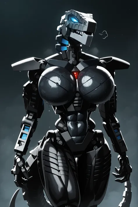 l3g0, masterpiece, best quality, amazing quality, very aesthetic, high resolution, highly detailed, high quality, krekkov style, score_9, score_8_up, score_7_up , solo, muscular, roodaka, bionicle, anthro, dinosaur, lidded eyes, annoyed, glowing eyes, sedu...