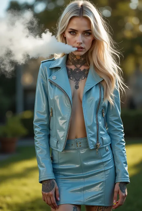 Sexy 20 year old woman with flowing white hair stands in a suburban garden on a sunny day. She is covered in dark intricate tattoos. Yellow eyes. She is naked under a quilted pastel blue patent leather biker jacket and a glossy patent leather pencil skirt....