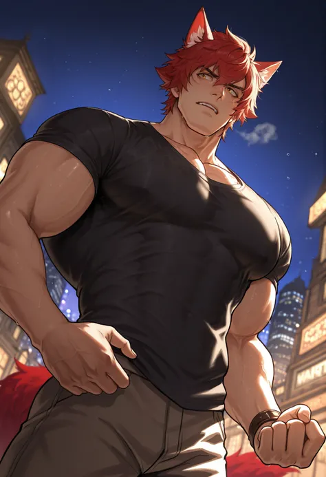 1 , alone)), Sett form league of legends heartsteeal, wolf ears and tail, with a black shirt, looking at the city lights, in a city at night, city lights, looking the city lights, view from a good angle , bad boy pose, water droplets in the air, high reso...