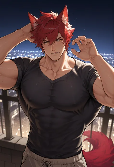 1 , alone)), Sett form league of legends heartsteeal, wolf ears and tail, with a black shirt, looking at the city lights, in a city at night, city lights, looking the city lights, view from a good angle , bad boy pose, water droplets in the air, high reso...