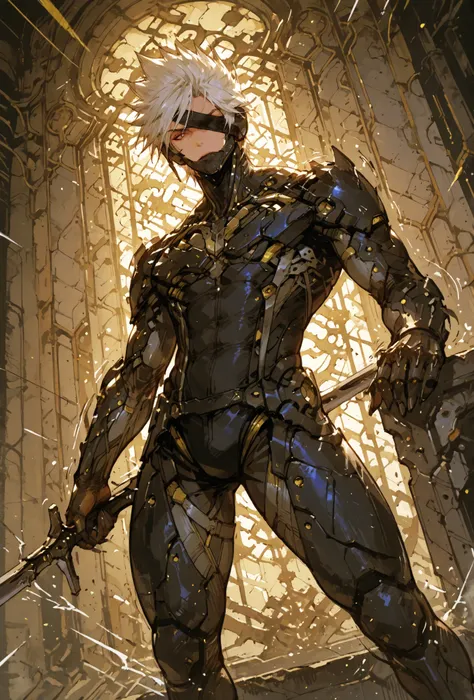 ,Raiden,MGR, holding a metal sword, Def, male focus, muscular male, white hair, spiked hair, short hair, cyborg, mechanical chin, bodysuit, eyepatch, one eye covered,extremely detailed,dynamic lighting,best quality,,,best quality,high quality,, , dynamic a...