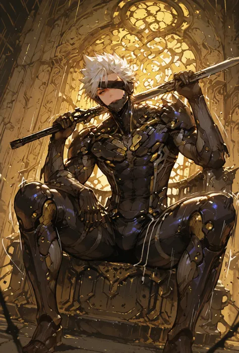 ,Raiden,MGR, siting in a metal throne, holding a metal sword, Def, male focus, muscular male, white hair, spiked hair, short hair, cyborg, mechanical chin, bodysuit, eyepatch, one eye covered,extremely detailed,dynamic lighting,best quality,,,best quality,...