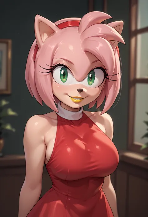 Female furry, green eyes, pink hair, big breasts, red dress, anime style, yellow lipstick, Amy Rose, sensual smile 