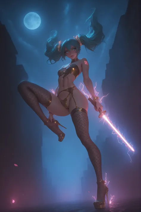 Expressive,electricity, lightning, glowing,,(masterpiece, detailed:1.2) hatsune miku)  (((beautiful face))),((beautiful lips))), wields a shimmering (( blue light saber))- futuristic light sword. (((toned sexy body))) thin golden strapless bra, (((((tight ...