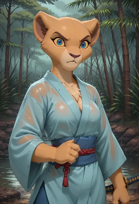 solo, score_9,score_8_up,score_7_up,kiara,lioness , ((female)), (anthro), masterpiece, best Quality, samurai, japanese clothes, chest_sarashi, sarashi, serious, action pose, katana, holding sword, (((slashing))), attack, battoujutsu stance, stop motion, Th...