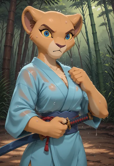 solo, score_9,score_8_up,score_7_up,kiara,lioness , ((female)), (anthro), masterpiece, best Quality, samurai, japanese clothes, chest_sarashi, sarashi, serious, action pose, katana, holding sword, (((slashing))), attack, battoujutsu stance, stop motion, Th...