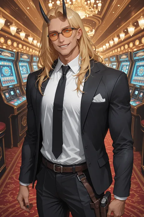 safe_pos, score_9, score_8_up, score_7_up (zPDXL3)  Stable_Yogis_PDXL_Positives,  BREAK inside, casino, main_floor, slot_machines

1guy, solo, tall, (light_skin_tone:1.3), muscular_arms, long_hair, blonde_hair, black nails, Oni_horns, long_fangs, joyful_ex...