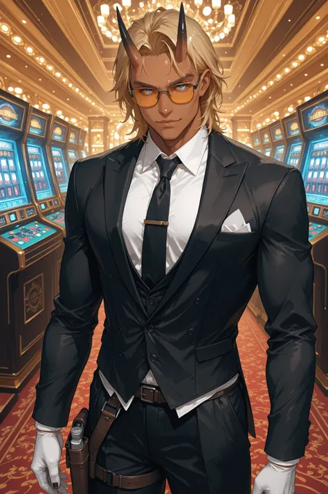 safe_pos, score_9, score_8_up, score_7_up (zPDXL3)  Stable_Yogis_PDXL_Positives,  BREAK inside, casino, main_floor, slot_machines

1guy, solo, tall, (tanned_skin_tone:1.3), muscular_arms, medium_hair, blonde_hair, black nails, Oni_horns, long_fangs, seriou...