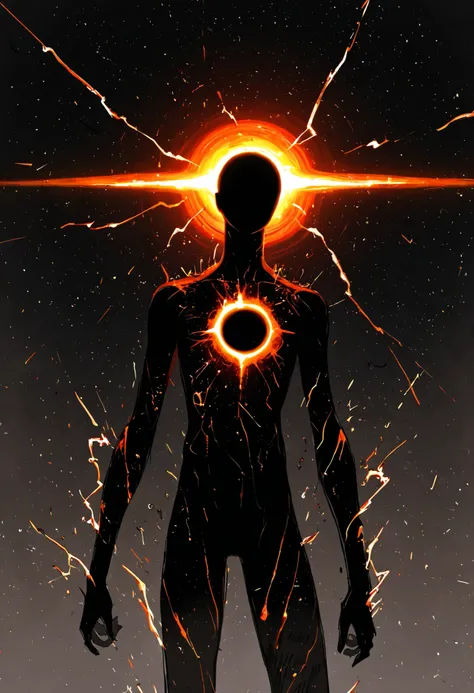 Game monster, sketch, concept art, All black human silhouette with a stellar black hole on the torso, body made of galaxy, bright color, black skin, orange and red energy, his body radiate small sparks of electricity, on plain white canvas, rough, thin lin...