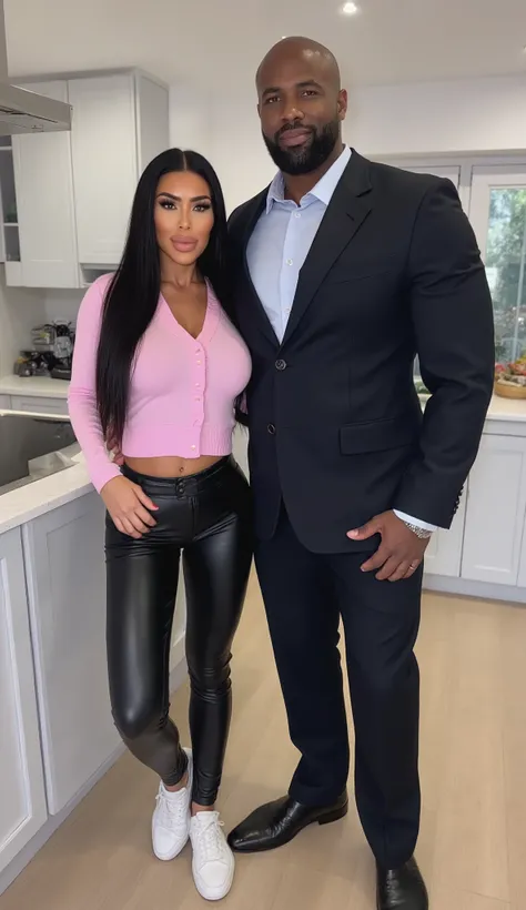 Kim Kardashian with long black hair ,  short pink sweater with collar and buttons and cropped ,  ,  ,in very tight black leather pants and white sneakers , Kim is standing in a modern kitchen, Standing next to Kim is a tall muscular African man in a suit  ...