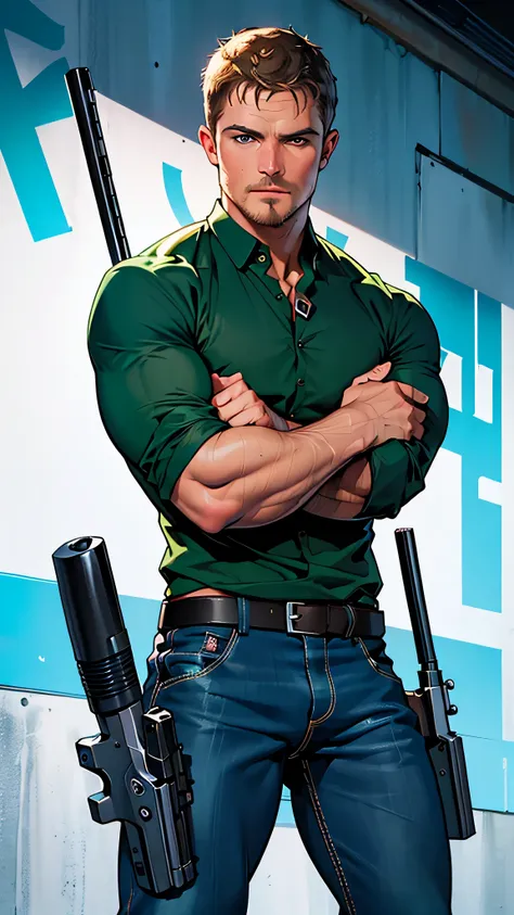 vpl,vpl,1 man, male focus solo,45 yo man, (((Stephen AMELL as private investigator))), lean muscle, open blue shirt, marine blue jeans with brown belt ,( bulge), full body shot, dark blond short hair, BLUE GREEN EYES , well groomed facial hair, (((( HANDS...