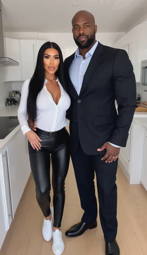 Kim Kardashian with long black hair ,  short white latex shirt with collar and buttons and large cleavage   ,  ,in very tight black leather pants and white sneakers , Kim is standing in a modern kitchen, Standing next to Kim is a tall muscular African man ...