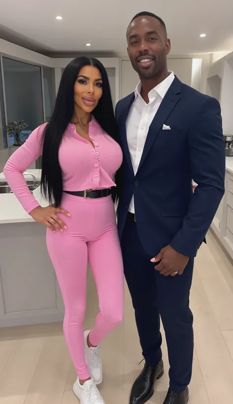 Kim Kardashian with long black hair , short pink sweater with collar and buttons , black belt , in very tight pink leggings and white sneakers , Kim is standing in a modern kitchen, Standing next to Kim is a tall muscular African man in a suit   , Kim is o...