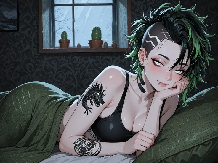1girl, pov across bed, punk girl, pale skin, bright-green hairtips, black hair, punk mohawk, mohawk hairstyle, messy hair, lips, lip piercing, lip ring, nose ring, nose piercing, steel piercing, narrowed eyes, blush, white eyes, alligator tattoo on shoulde...