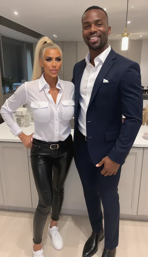Kim Kardashian with short blonde hair as a ponytail , short white jeans shirt with collar and buttons , black belt , in very tight black leather pants and white sneakers , Kim is standing in a modern kitchen, Standing next to Kim is a tall muscular African...