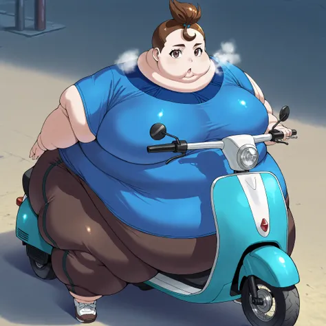 1girl, verity, upper body, looking at viewer, red eyes, very short hair, top knot, short sleeves, brown eyes, blue shirt, shoes, fat, chubby, obese, fat neck, multiple chins, big breasts open mouth, out of breath, Larger female, full body shot, sitting on ...