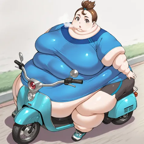 1girl, verity, upper body, looking at viewer, red eyes, very short hair, top knot, short sleeves, brown eyes, blue shirt, shoes, fat, chubby, obese, fat neck, multiple chins, big breasts open mouth, out of breath, Larger female, full body shot, sitting on ...