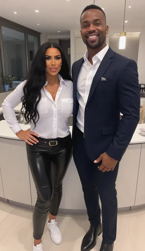 Kim Kardashian with long wavy black hair, short white jeans shirt with collar and buttons , black belt , in very tight black leather pants and white sneakers , Kim is standing in a modern kitchen, Standing next to Kim is a tall muscular African man in a su...