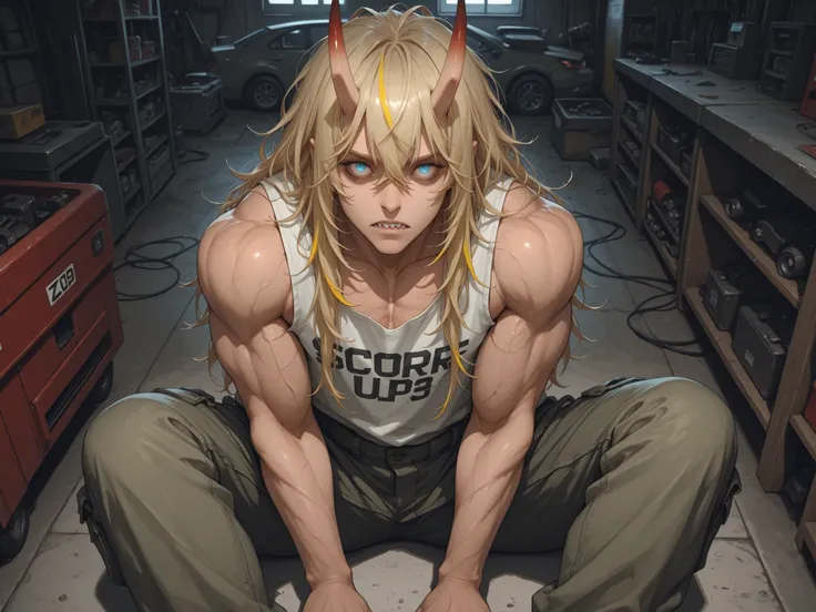 safe_pos, score_9, score_8_up, score_7_up (zPDXL3)  Stable_Yogis_PDXL_Positives,  BREAK inside, garage, mechanics shop, cars

1guy, solo, tall, (light_skin_tone:1.3), muscular_arms, long_hair, messy_hair, blonde_hair, (Red_highlights), black nails, claws, ...