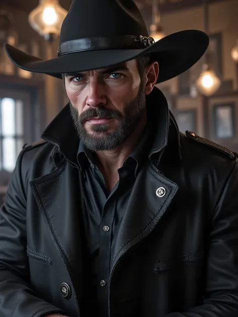 "Ultra-realistic close-up portrait of Jack Crowley, an elegant gunslinger dressed in black, wearing a wide-brimmed cowboy hat and a leather trench coat. His face shows a cold, serious expression with intense blue eyes and rugged stubble. Soft warm lighting...