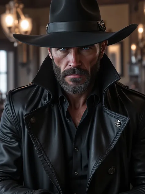 "Ultra-realistic close-up portrait of Jack Crowley, an elegant gunslinger dressed in black, wearing a wide-brimmed cowboy hat and a leather trench coat. His face shows a cold, serious expression with intense blue eyes and rugged stubble. Soft warm lighting...