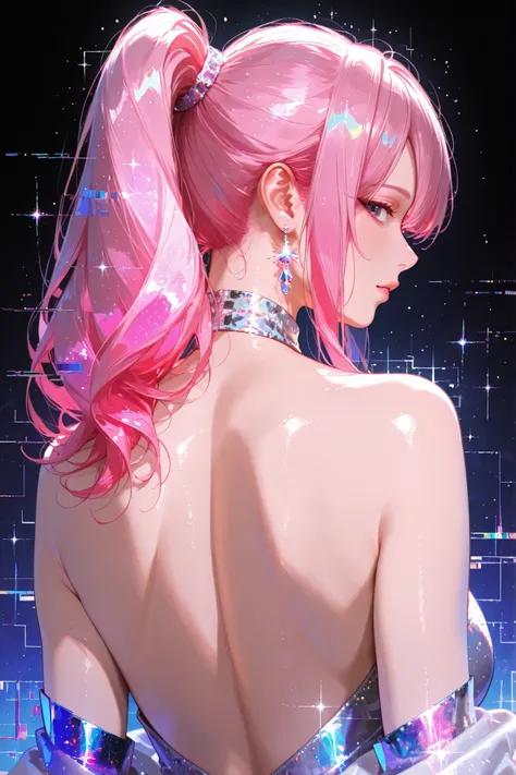 embedding:lazypos, digital painting (artwork), glitch art, artwork, glitter, particle effect, 1girl, pink hair, high ponytail, mature female, upper body, from behind, looking at viewer, backless outfit,