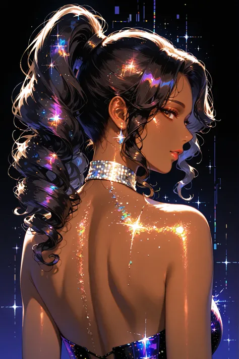 embedding:lazypos, digital painting (artwork), glitch art, artwork, glitter, particle effect, 1girl, black curly hair, high ponytail, brown skin, mature female, upper body, from behind, looking at viewer, backless outfit,