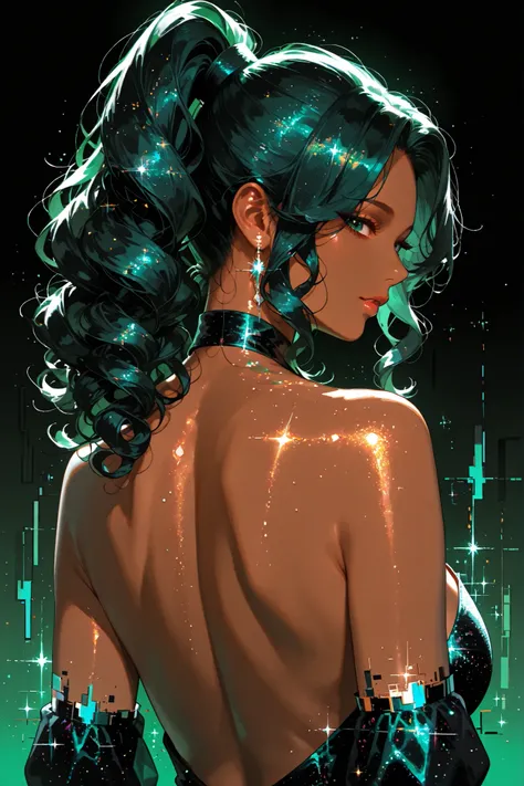 embedding:lazypos, digital painting (artwork), glitch art, artwork, glitter, particle effect, 1girl, black curly hair, high ponytail, brown skin, mature female, upper body, from behind, looking at viewer, backless outfit, dark green eyes,