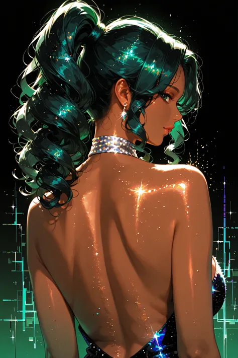 embedding:lazypos, digital painting (artwork), glitch art, artwork, glitter, particle effect, 1girl, black curly hair, high ponytail, brown skin, mature female, upper body, from behind, looking at viewer, backless outfit, dark green eyes,