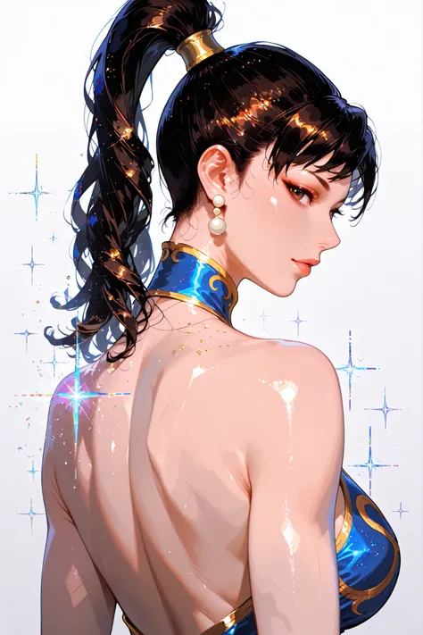 embedding:lazypos, digital painting (artwork), glitch art, artwork, glitter, particle effect, 1girl, black curly hair, high ponytail, mature female, upper body, front view, looking at viewer, backless outfit, Chun-Li from Street Fighters,