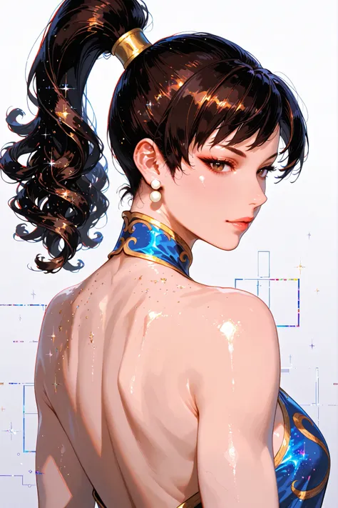 embedding:lazypos, digital painting (artwork), glitch art, artwork, glitter, particle effect, 1girl, black curly hair, high ponytail, mature female, upper body, front view, looking at viewer, backless outfit, Chun-Li from Street Fighters,