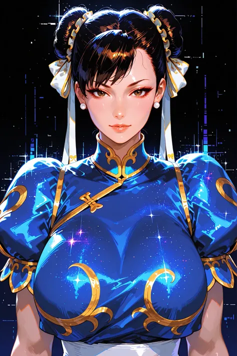 embedding:lazypos, digital painting (artwork), glitch art, artwork, glitter, particle effect, 1girl, black curly hair, high ponytail, mature female, upper body, front view, looking at viewer, Chun-Li from Street Fighters,