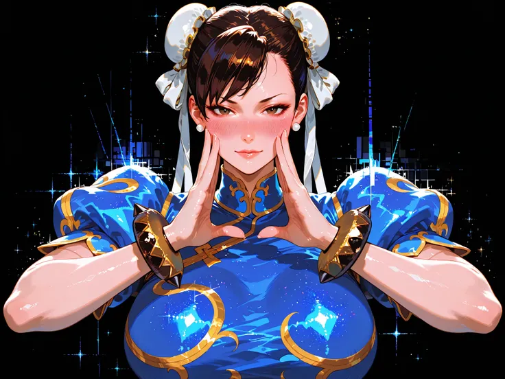 embedding:lazypos, digital painting (artwork), glitch art, artwork, glitter, particle effect, 1girl, black curly hair, high ponytail, mature female, upper body, front view, looking at viewer, Chun-Li from Street Fighters, in a sexy pose, blushing,