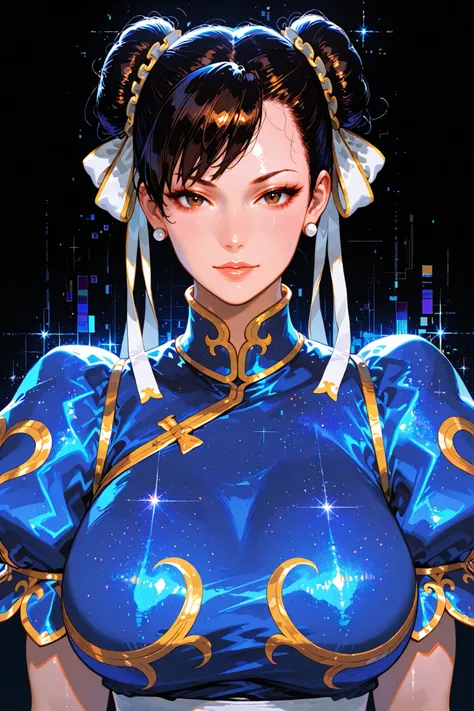 embedding:lazypos, digital painting (artwork), glitch art, artwork, glitter, particle effect, 1girl, black curly hair, high ponytail, mature female, upper body, front view, looking at viewer, Chun-Li from Street Fighters,