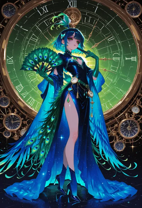 anime style, magical girl who manipulates time, cast a time spell on her right hand、he has a peacock feather folding fan。gives off magical energy with turkey feathers、green with a calm expression and open dark green eyes, , expressive with traumatic eyes a...