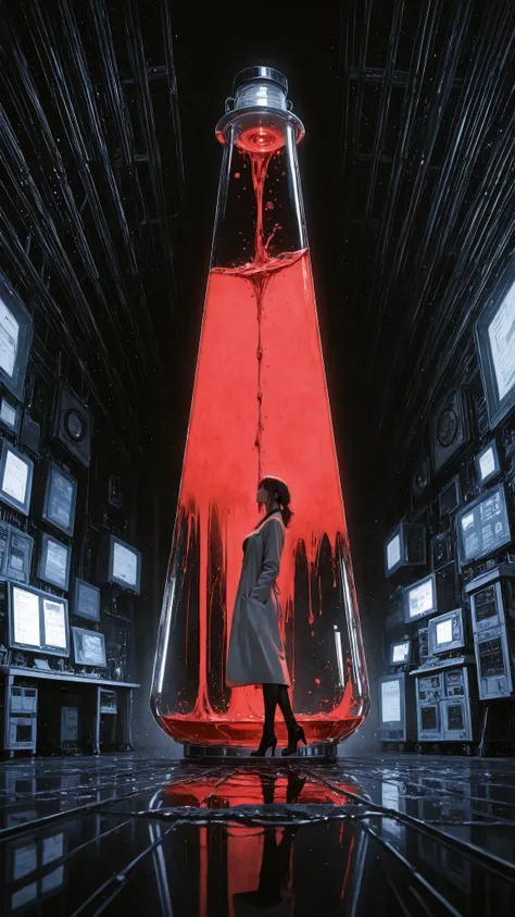 Abstract painting using limited colors based on red,A large laboratory with an eerie atmosphere,Adult women work,Wearing a lab coat,Distant shot,the subject is part of the landscape,oblique camera angle,computer,laboratory capsule,Experimental equipment, beaker ,liquid,High Quality,4K,Ultra Fine Art,photorealistic,Professional,clear details,high contrast,sharp focus,dark,grotesque,dim,Unlucky,(masterpiece, detailed:1.2),maorix,ポケットに手を入れ片方の手に beaker を持って掲げる