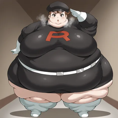 1girl, verity, very short hair, top knot, brown eyes, <lora:team-rocket-uniform-ponyxl-lora-nochekaiser:1>, team rocket uniform, black hat, black shirt, black skirt, white belt, white gloves, single letter,, fat, chubby, obese, fat neck, multiple chins, bi...