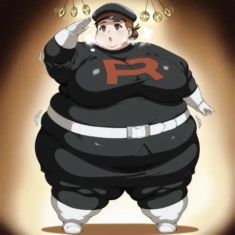 1girl, verity, very short hair, top knot, brown eyes, <lora:team-rocket-uniform-ponyxl-lora-nochekaiser:1>, team rocket uniform, black hat, black shirt, black skirt, white belt, white gloves, single letter,, fat, chubby, obese, fat neck, multiple chins, bi...