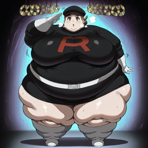 1girl, verity, very short hair, top knot, brown eyes, <lora:team-rocket-uniform-ponyxl-lora-nochekaiser:1>, team rocket uniform, black hat, black shirt, black skirt, white belt, white gloves, single letter,, fat, chubby, obese, fat neck, multiple chins, bi...